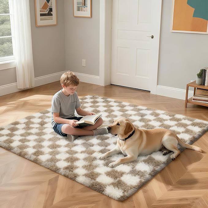 Checkered Rug for Living Room, 8x10 Beige and White Area Rugs, Classic - Image 4