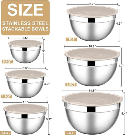 E-far Mixing Bowls with Lids, 12-Piece Stainless Steel Salad Bowls Metal - Image 2