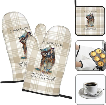 Funny Owl Oven Mitts and Pot Holders Sets of 3 Kitchen Hot Pads Cute Buffalo - Image 3