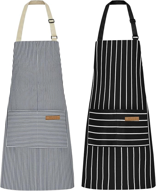 NLUS 2 Pcs Kitchen Cooking Aprons, Poly/Cotton Blend Adjustable Soft Bib Stripe by NLUS