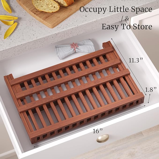 VERTORGAN Teak Dish Drying Rack, Folding Collapsible Drainer Plate Organizer - Image 5