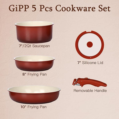GiPP 5PCS Pots and Pans Set Non Stick, Nonstick Cookware Set Detachable Handle - Image 3
