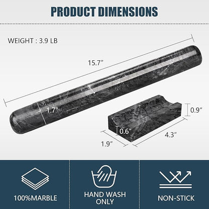 Marble Rolling Pin with Stand, 15.7" Black Stone French Heavy Polished Non - Image 2