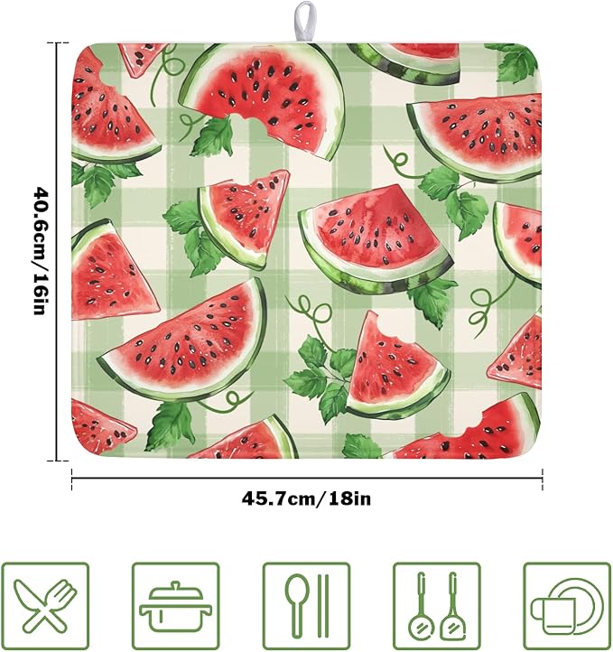 Summer Dish Drying Mat for Kitchen Counter Watercolor Watermelon Green Buffalo - Image 2
