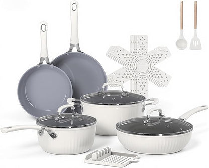 Ammeloo 15-Piece Ribbed Ceramic Cookware Set, Pots and Pans Set Non Stick by Unknown