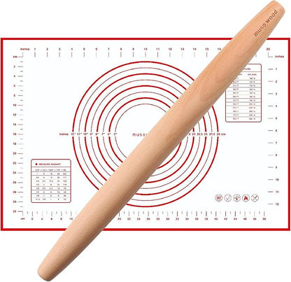 Muso Wood French Rolling Pin and Silicone Baking Mat Set, 15.75 Inch Beech Wood by Musowood