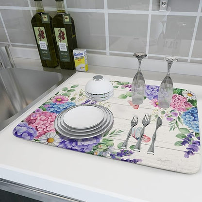 Hydrangea Floral Dish Drying Mat 18x24 inch Spring Summer Decorative Fast Dry - Image 6
