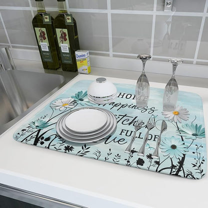 Blue Daisy Dish Drying Mat 18x24 Inch Love Kitchen Absorbent Microfiber - Image 6
