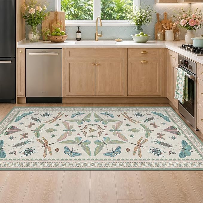 Washable 3x6 Area Rug for Kitchen, Sage Green Vintage Floral Rug for Laundry by HazoHaus