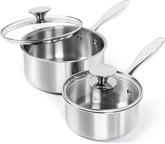 MICHELANGELO 1Qt & 2Qt Tri-ply Stainless Steel Saucepan Set, Small Cooking Pots by Michelangelo