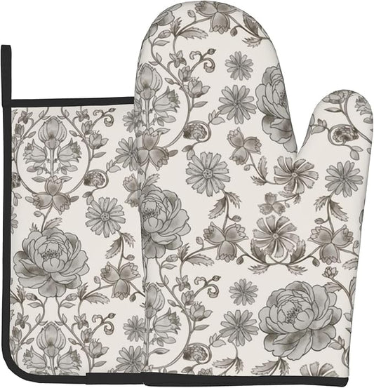 Vintage Flowers Oven Mitts and Pot Holders Sets Boho Kitchen Gloves White Grey by DZGlobal