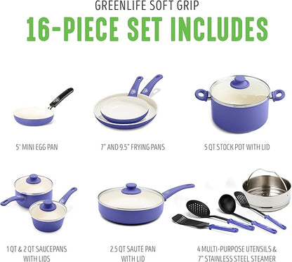 GreenLife 16 Piece Nonstick Cookware Set, Soft Grip Non-Toxic PFAS-Free Ceramic - Image 3