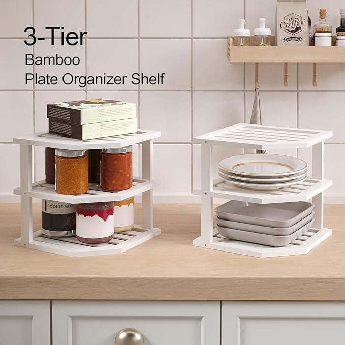 VERTORGAN 3 Tier Bamboo Corner Shelf, Dish Drying Rack, Plate Organizer - Image 4