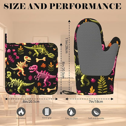 Dinosaur Skeleton Oven Mitts and Pot Holders Sets Non-Slip Silicone Surface - Image 3