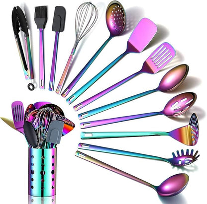 Rainbow Kitchen Utensils Set, 13 Pieces Stainless Steel Cooking Utensils Set by HOMQUEN