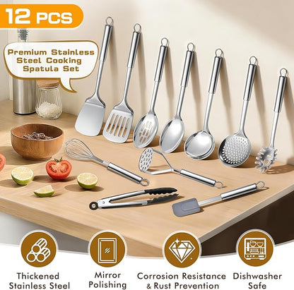 12 Pcs Stainless Steel Cooking Utensils Set, Metal Kitchen Tools Include - Image 3