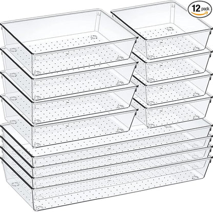 12 Pack Clear Plastic Drawer Organizer Set, Acrylic Non Slip Non Cracking by Criusia