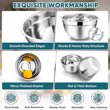 TeamFar Mixing Bowl Set of 5, Stainless Steel 4.5/3/1.5/1/0.7 QT Metal Nesting - Image 4
