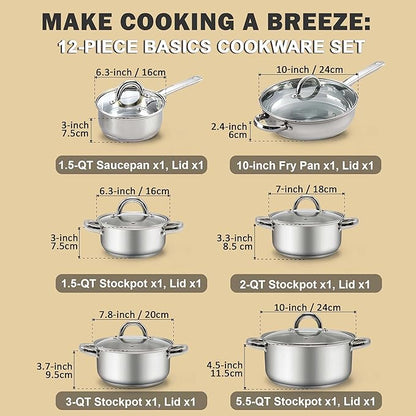 Cook N Home Kitchen Cookware Sets, 12-Piece Basic Stainless Steel Pots and Pans - Image 2