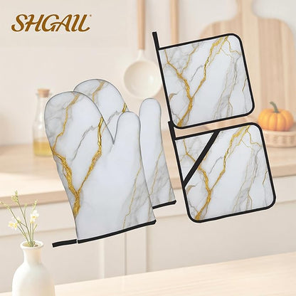 White Gold Marble Oven Mitts and Heat Resistant Pads - Image 2