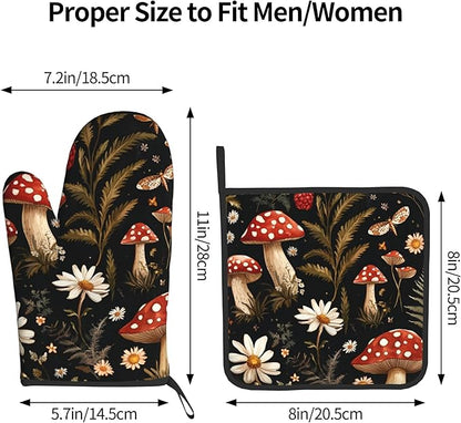 Mushroom Oven Mitt Pot Holder Set Vintage Floral BBQ Cooking Gloves - Image 3