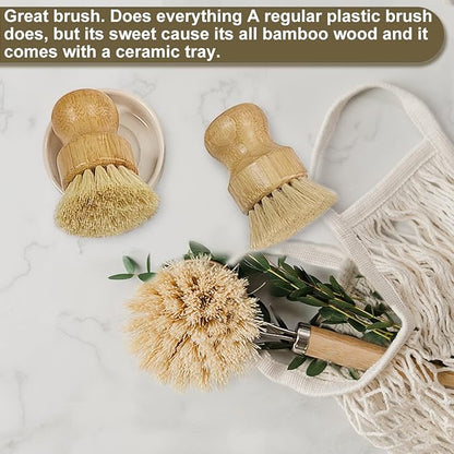 Wooden Dish Brush Set Clean Pots, Pans and Vegetable, Natural Bristles Bamboo - Image 6