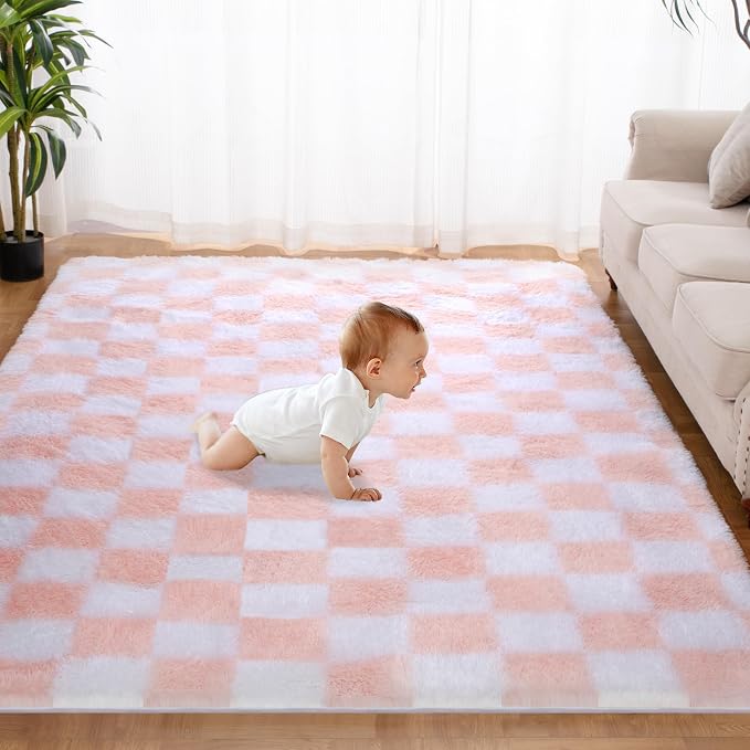 Super Soft Rug for Bedroom, 3x5 Ft Pink and White Area Rug Classic Checkered by TOOHUB