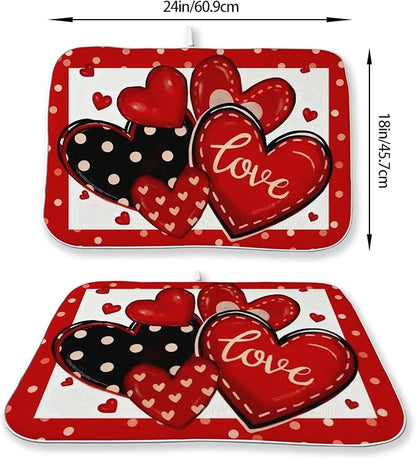 Valentines Dish Drying Mat 18x24 Inch Black Red Hearts Dish Drainer Protector - Image 3