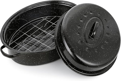 18” Roaster Pan with Lid and Rack, Large Enamel Roaster Pan with Oval Roasting by YIDAZLE