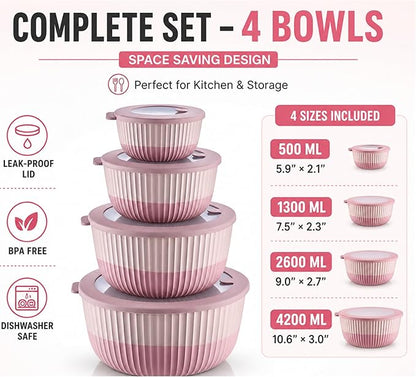 Mixing Bowls with Lids, 8-Piece Airtight Leak-Proof Nesting BPA-Free Bowl Set - Image 5