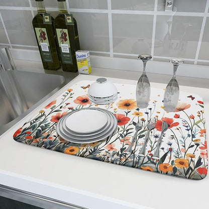 Poppy Flower Dish Drying Mat 18x24 Inch Floral Leaves Dish Drainer Protector - Image 6