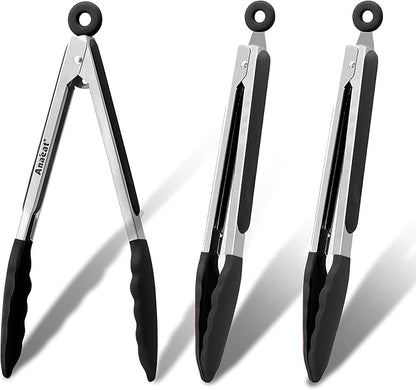Anaeat 3 Pack 7" Mini Non-Stick Silicone Locking Tongs by Anaeat