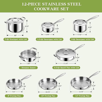 Triple Ply Stainless Steel Pots and Pans Set, EWFEN 12 Piece Induction Cookware - Image 2
