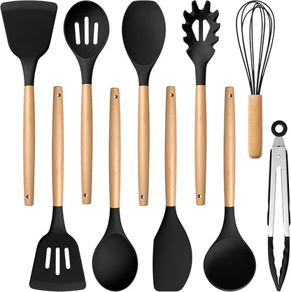 E-far Silicone Cooking Utensils Set, 10-Piece Black Kitchen Utensils Set by E-far