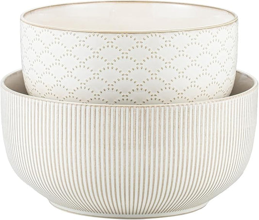 Mikiegy Ceramic Mixing Bowls Set of 2, Nesting Ceramic Embossment Stoneware by MIKIGEY