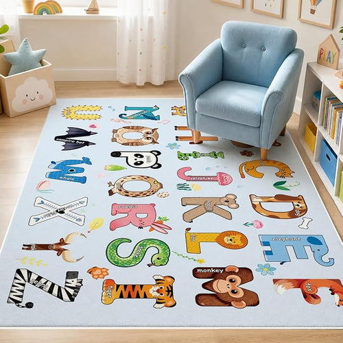 ABC Rug for Kids Playroom, Non Slip Washable Classroom Rug, Alphabet Numbers by Bildenly