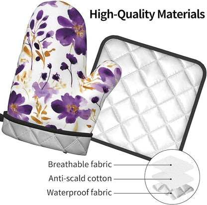 Spring Purple and Gold Floral Oven Mitts and Pot Holders Sets of 3, Non-Slip - Image 9