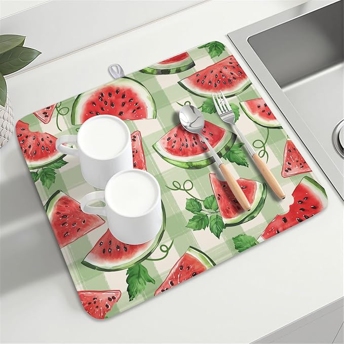 Summer Dish Drying Mat for Kitchen Counter Watercolor Watermelon Green Buffalo - Image 8