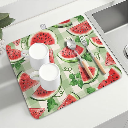 Summer Dish Drying Mat for Kitchen Counter Watercolor Watermelon Green Buffalo - Image 8