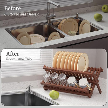 VERTORGAN Teak Dish Drying Rack, Folding Collapsible Drainer Plate Organizer - Image 4