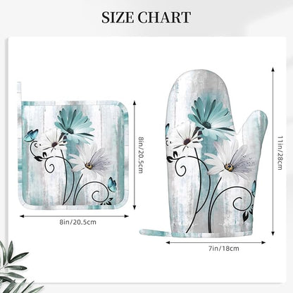 Teal Daisy Oven Mitts Pot Holders Set Silicone Heat Resistant Farm Teal Daisy - Image 3