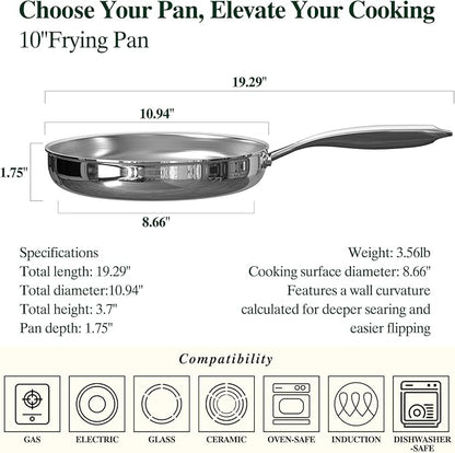 Umite Chef 10 Inch Stainless Steel Frying Pan, Non-Toxic 5 Ply Stainless Clad - Image 3