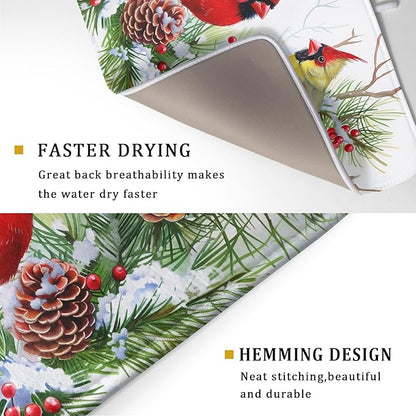 Giwawa Red Birds Dish Drying Mat, Xmas Tree Branch Holly Red Berries Dish - Image 3