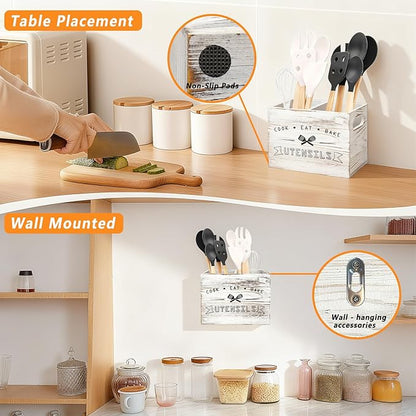 Retro White Wood Kitchen Utensil Holder - Image 3