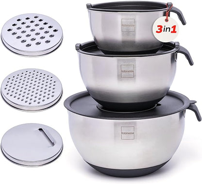 Stainless Steel Mixing Bowls Set of 3, Large Nesting Bowls by Robinesse