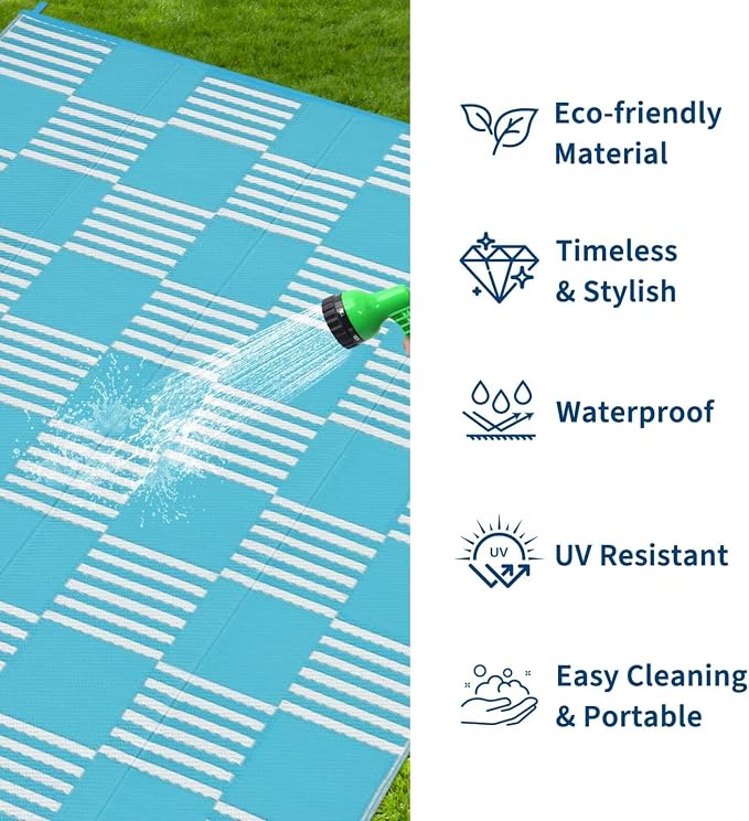 Garvee Waterproof Outdoor Rug 8x10, Checkered Foldable Plastic Straw Patio - Image 2