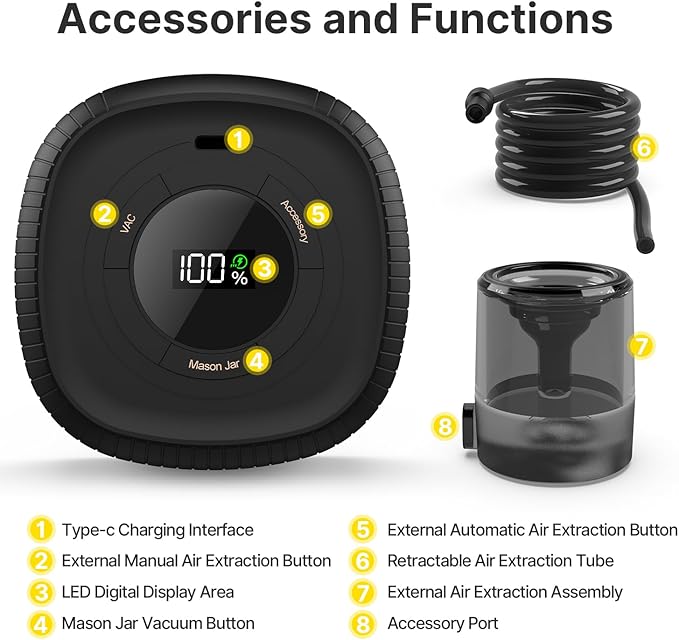 3 IN 1 Electric Mason Jar Vacuum Sealer Kit, Automatic Vacuum Sealer for Jars, Compatible With Food Storage, Vacuum Bags Seal, Wine Bottles, Birthday Gifts for Women, Gifts for Mom, Grandma