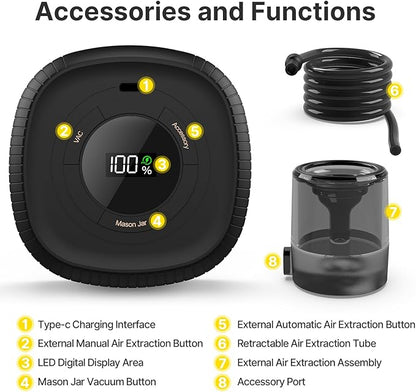 3 IN 1 Electric Mason Jar Vacuum Sealer Kit, Automatic Vacuum Sealer for Jars, Compatible With Food Storage, Vacuum Bags Seal, Wine Bottles, Birthday Gifts for Women, Gifts for Mom, Grandma