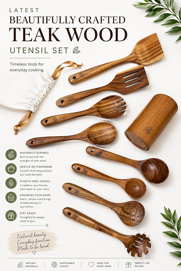 Wooden Cooking Utensils Set – Coki Home 9-Piece Teak Wood Kitchen Utensils - Image 6
