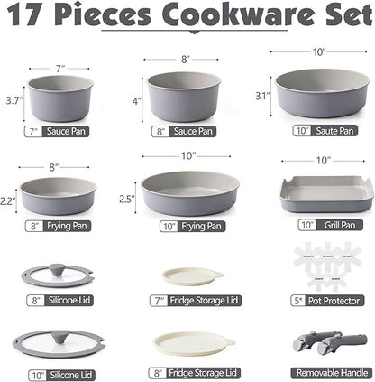 SENSARTE 17 Piece Ceramic Pots and Pans Set, Nonstick Detachable Handle Cookware - Image 2